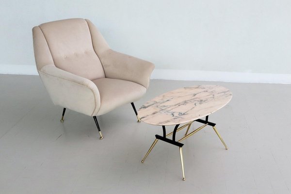 Italian Coffee Table with Pink and Grey Marble and Brass Feet, 1950s-VNE-966132