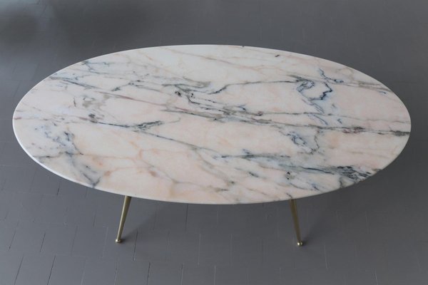 Italian Coffee Table with Pink and Grey Marble and Brass Feet, 1950s-VNE-966132