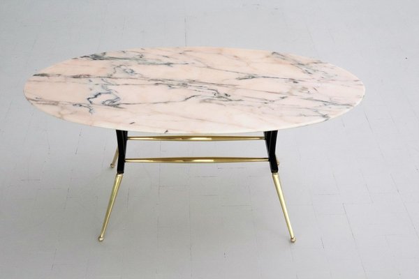 Italian Coffee Table with Pink and Grey Marble and Brass Feet, 1950s-VNE-966132