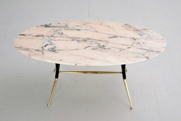 Italian Coffee Table with Pink and Grey Marble and Brass Feet, 1950s-VNE-966132