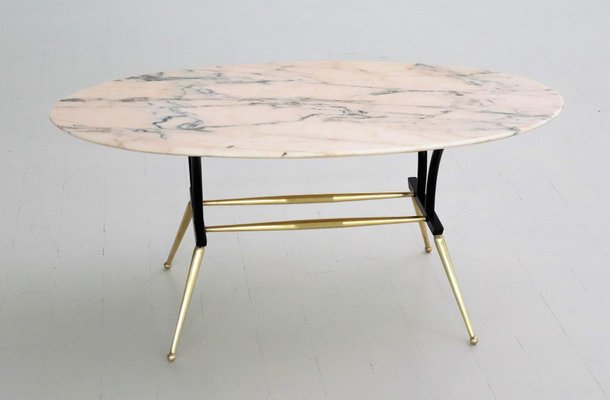 Italian Coffee Table with Pink and Grey Marble and Brass Feet, 1950s-VNE-966132