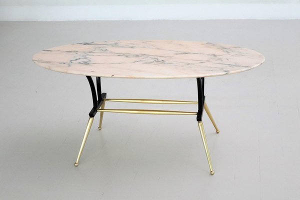 Italian Coffee Table with Pink and Grey Marble and Brass Feet, 1950s-VNE-966132