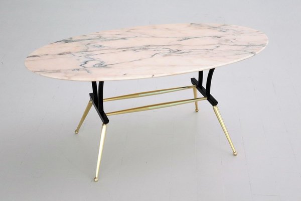 Italian Coffee Table with Pink and Grey Marble and Brass Feet, 1950s-VNE-966132