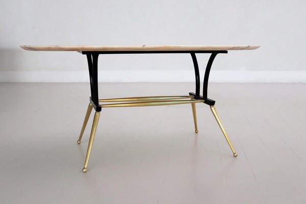 Italian Coffee Table with Pink and Grey Marble and Brass Feet, 1950s-VNE-966132