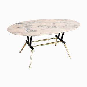 Italian Coffee Table with Pink and Grey Marble and Brass Feet, 1950s-VNE-966132