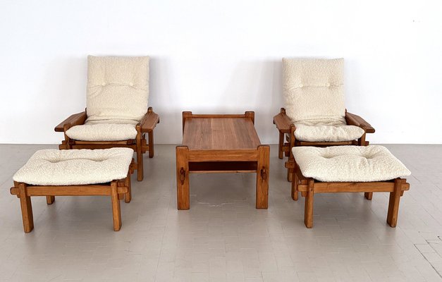 Italian Country Living Room Set in Oak with Bouclé Upholstery, 1970s, Set of 5-VNE-2041331