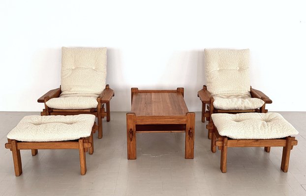 Italian Country Living Room Set in Oak with Bouclé Upholstery, 1970s, Set of 5-VNE-2041331