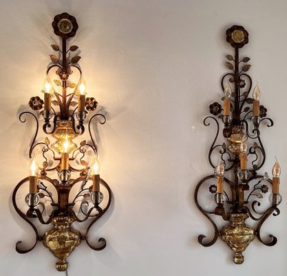 Italian Crystal and Gilt Wrought Iron Wall Sconces by Banci Florence, 1960s, Set of 2-VNE-1219487