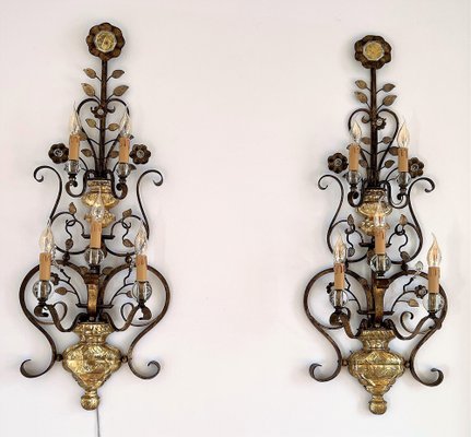 Italian Crystal and Gilt Wrought Iron Wall Sconces by Banci Florence, 1960s, Set of 2-VNE-1219487