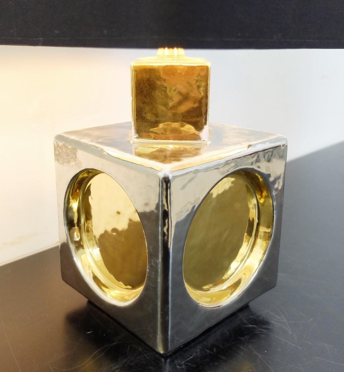 Italian Cube Lamp in Ceramic Silver and Gold from Ceramiche Zaccagnini, 1960s