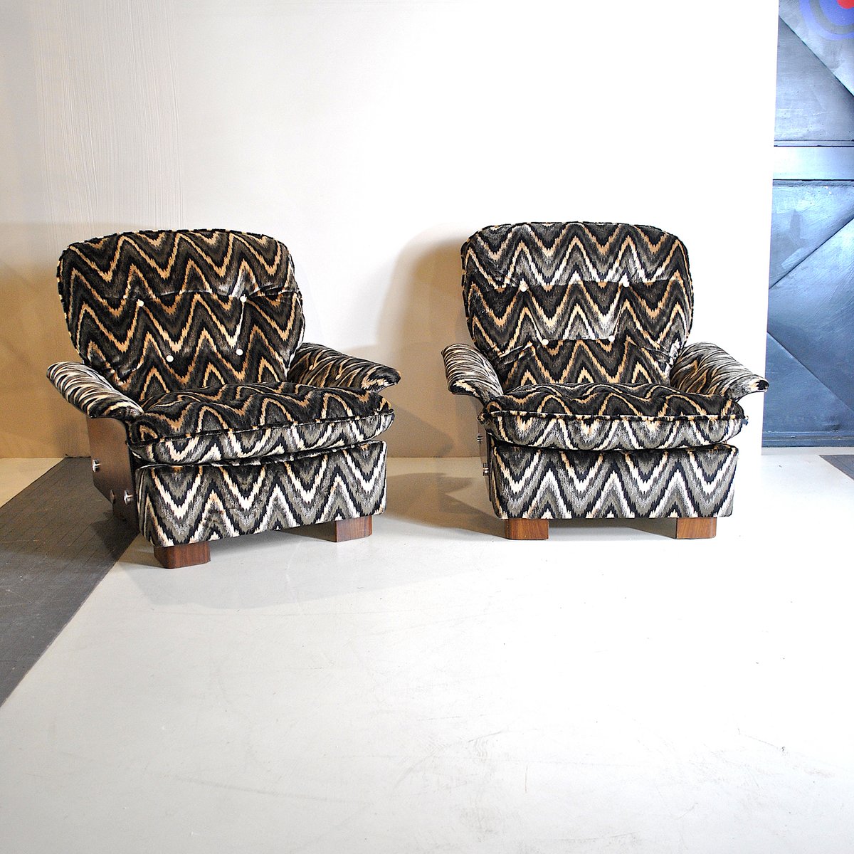 Italian Curved Wood & Missoni Fabric Lounge Chairs, 1970s, Set of 2