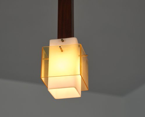 Italian Dark Teak Pendant Lamp with Milk and Yellow Acrylic Glass Shades, 1960s-KJ-2031441