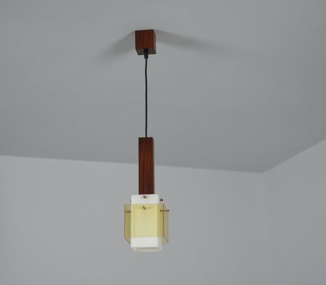 Italian Dark Teak Pendant Lamp with Milk and Yellow Acrylic Glass Shades, 1960s-KJ-2031441