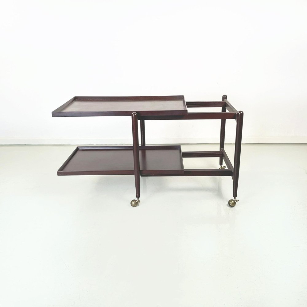 Italian Dark Wooden Serving Cart with Sliding Shelves and Brass Wheels, 1960s