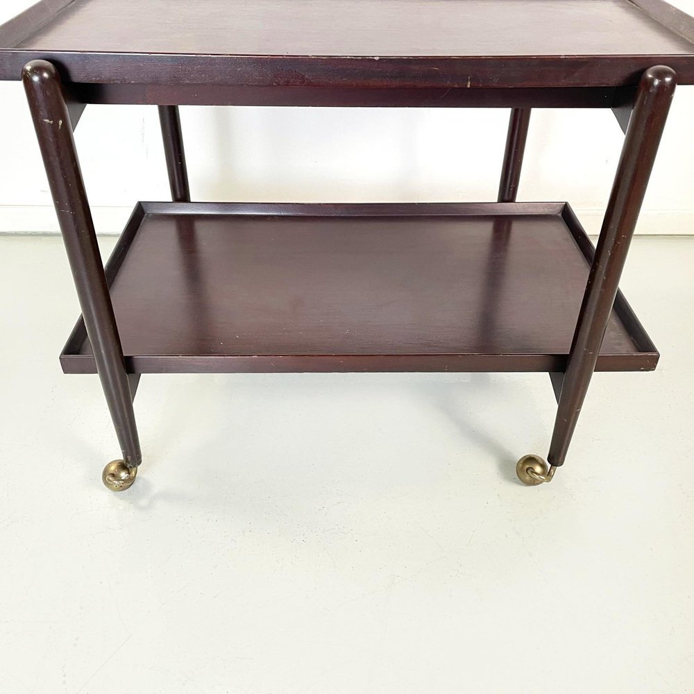 Italian Dark Wooden Serving Cart with Sliding Shelves and Brass Wheels, 1960s