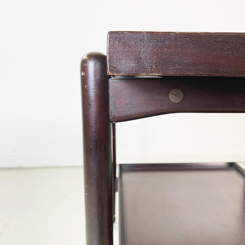 Italian Dark Wooden Serving Cart with Sliding Shelves and Brass Wheels, 1960s