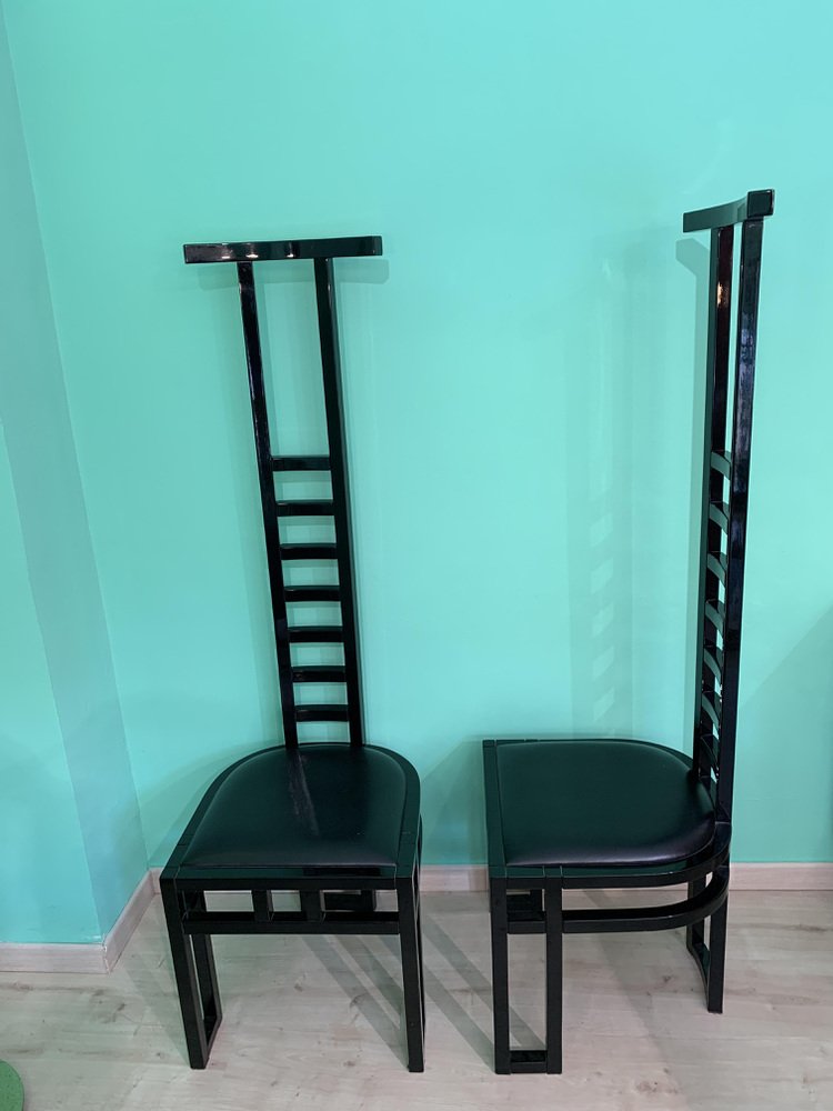 Italian Decorative Black Lacquered Chairs, 1970, Set of 2