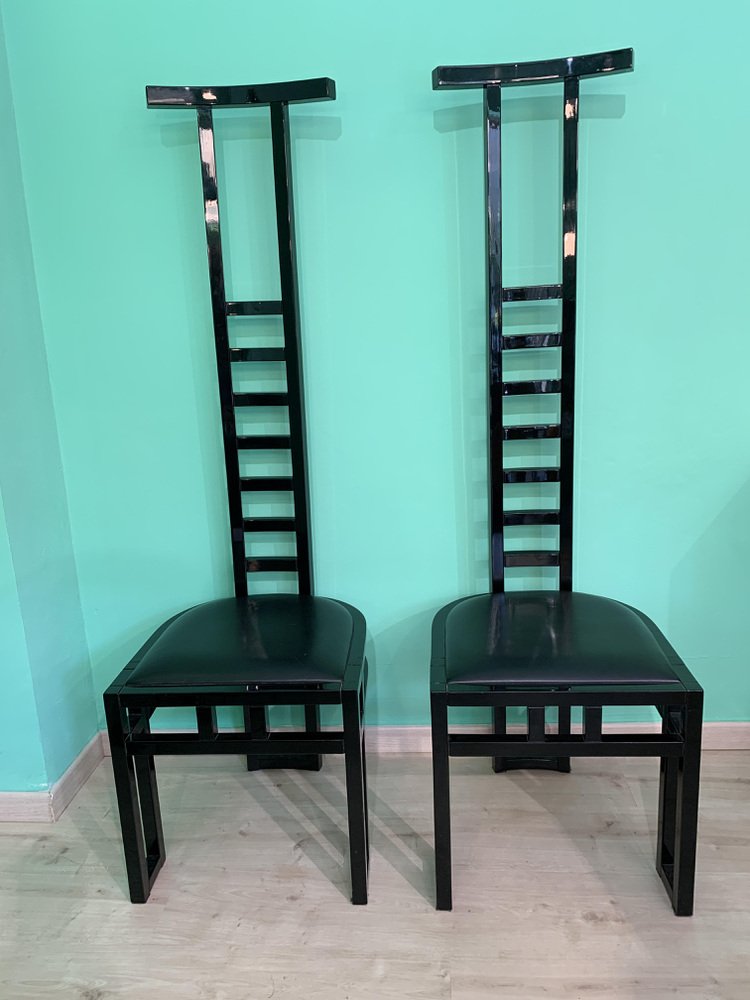 Italian Decorative Black Lacquered Chairs, 1970, Set of 2