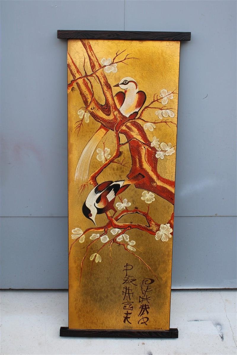 Italian Decorative Panel in Enamel Inspired Almond Blossoms and Birds, Japan, 1950s