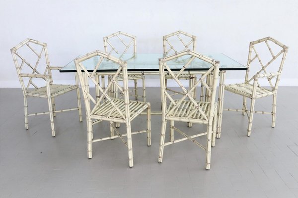 Italian Dining Chairs & Table in Varnished Bamboo, 1970s, Set of 7-VNE-965938