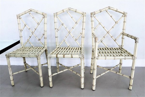 Italian Dining Chairs & Table in Varnished Bamboo, 1970s, Set of 7-VNE-965938