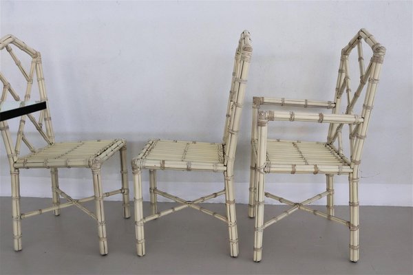 Italian Dining Chairs & Table in Varnished Bamboo, 1970s, Set of 7-VNE-965938