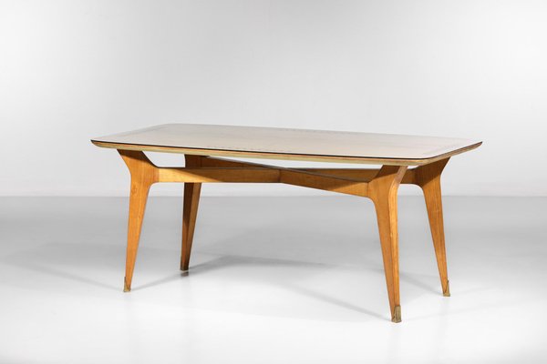 Italian Dining Table in Solid Beech with Engraved Glass in the style of Gio Ponti, 1960s-YU-1312244