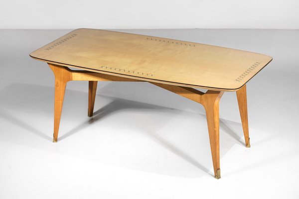 Italian Dining Table in Solid Beech with Engraved Glass in the style of Gio Ponti, 1960s-YU-1312244