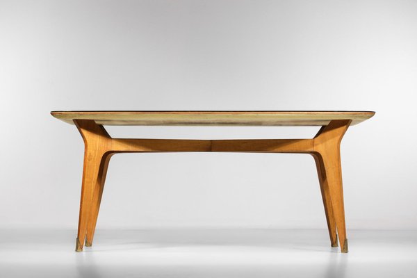 Italian Dining Table in Solid Beech with Engraved Glass in the style of Gio Ponti, 1960s-YU-1312244