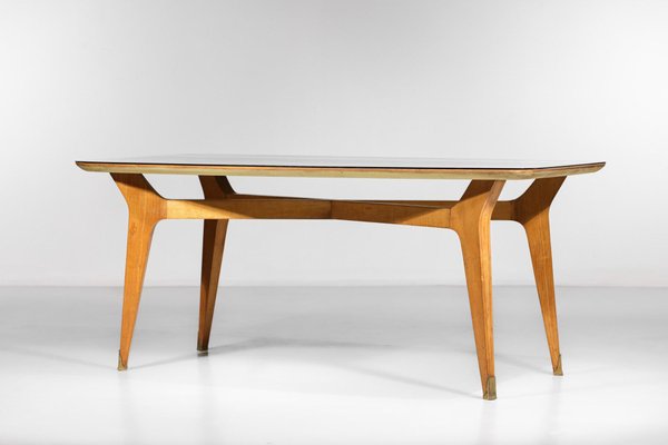 Italian Dining Table in Solid Beech with Engraved Glass in the style of Gio Ponti, 1960s-YU-1312244