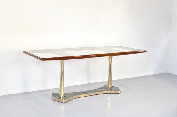 Italian Dining Table in Teak, Brass and Marble, 1960s-DUG-2041228