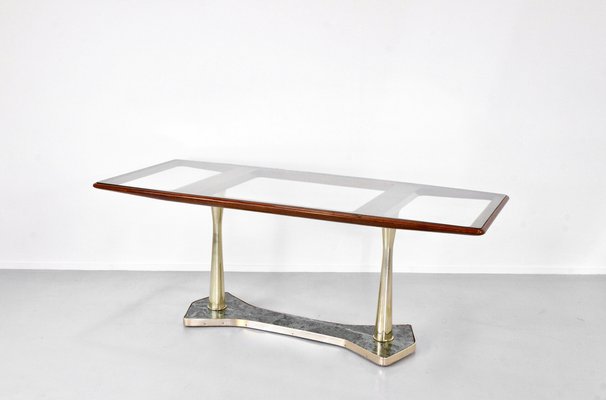 Italian Dining Table in Teak, Brass and Marble, 1960s-DUG-2041228