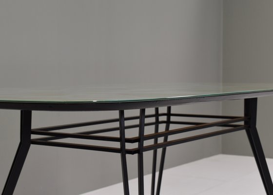 Italian Dining Table with Metal Base and Glass Top and Brass, 1950s-TE-1293658