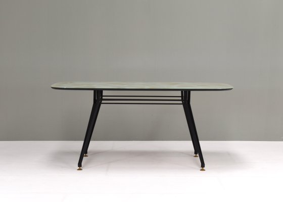 Italian Dining Table with Metal Base and Glass Top and Brass, 1950s-TE-1293658