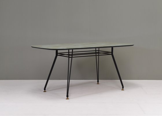 Italian Dining Table with Metal Base and Glass Top and Brass, 1950s-TE-1293658