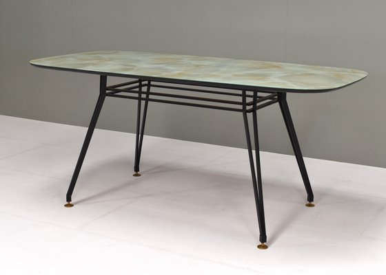 Italian Dining Table with Metal Base and Glass Top and Brass, 1950s-TE-1293658