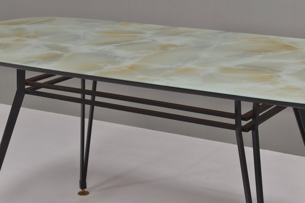 Italian Dining Table with Metal Base and Glass Top and Brass, 1950s-TE-1293658