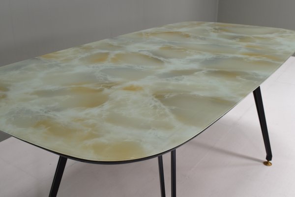 Italian Dining Table with Metal Base and Glass Top and Brass, 1950s-TE-1293658