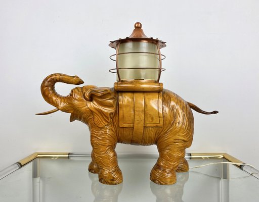 Italian Elephant Table Lamp in Hand-Carved Wood and Copper by Aldo Tura for Macabo, 1950s-LYQ-1171663