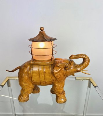 Italian Elephant Table Lamp in Hand-Carved Wood and Copper by Aldo Tura for Macabo, 1950s-LYQ-1171663