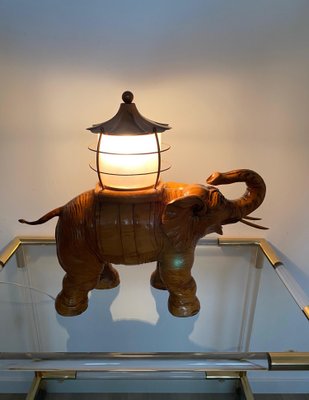 Italian Elephant Table Lamp in Hand-Carved Wood and Copper by Aldo Tura for Macabo, 1950s-LYQ-1171663