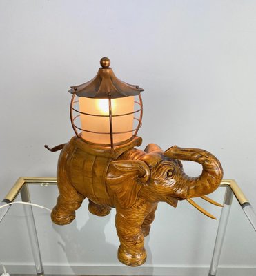 Italian Elephant Table Lamp in Hand-Carved Wood and Copper by Aldo Tura for Macabo, 1950s-LYQ-1171663