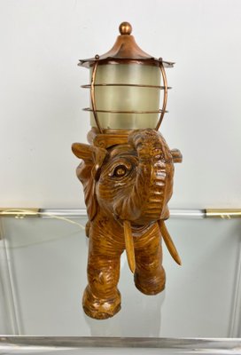 Italian Elephant Table Lamp in Hand-Carved Wood and Copper by Aldo Tura for Macabo, 1950s-LYQ-1171663