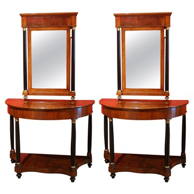 Italian Empire Period Walnut and Ebonized Demilune Console Tables with Mirrors, Set of 2-AXE-1433456