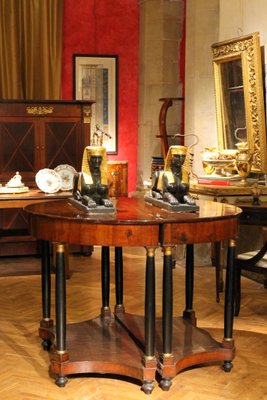 Italian Empire Period Walnut and Ebonized Demilune Console Tables with Mirrors, Set of 2-AXE-1433456