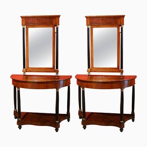 Italian Empire Period Walnut and Ebonized Demilune Console Tables with Mirrors, Set of 2-AXE-1433456