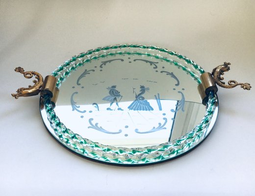 Italian Etched Mirror Glass & Brass Tray by Barovier & Toso, 1950s-RQV-906019