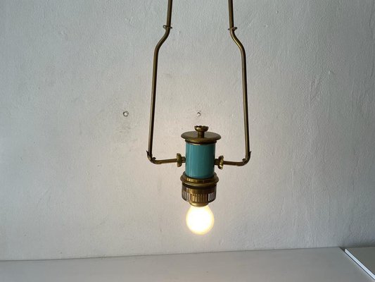 Italian Exceptional Brass & Turquois Green Pendant Lamp in style of Stilnovo, 1950s-RDS-1405877