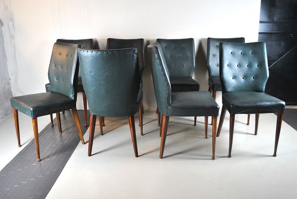 Italian Faux Green Leather Dining Chairs, 1960s, Set of 8-JQO-690418