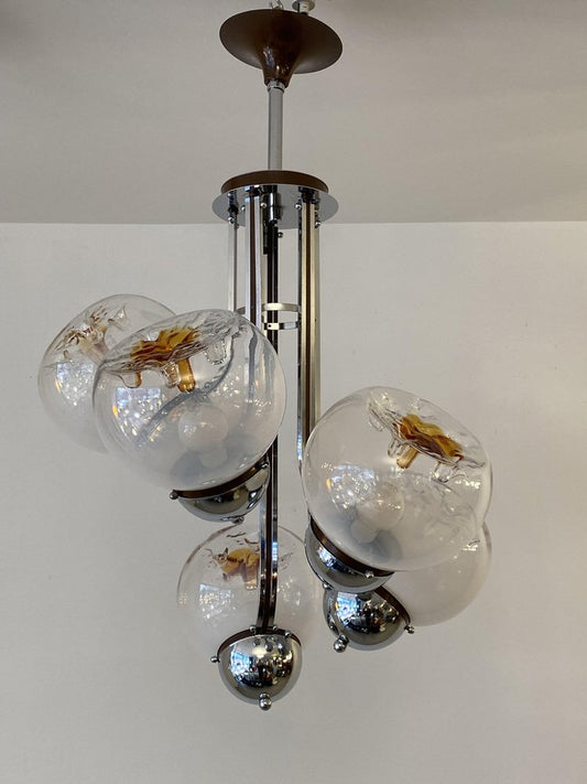 Italian Five-Flame Ceiling Lamp with Glass-Drop Balls by Tony Zuccheri for Mazzega, 1970s